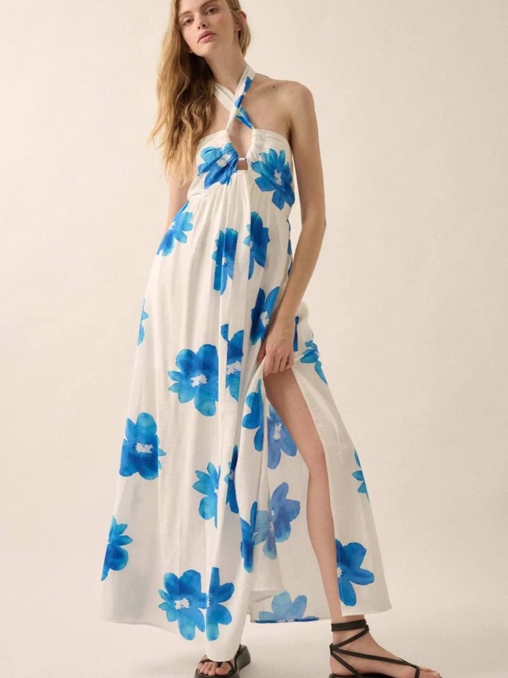 Apricot Lane White Maxi Dress with Bright Blue Floral Print size medium NWTs
